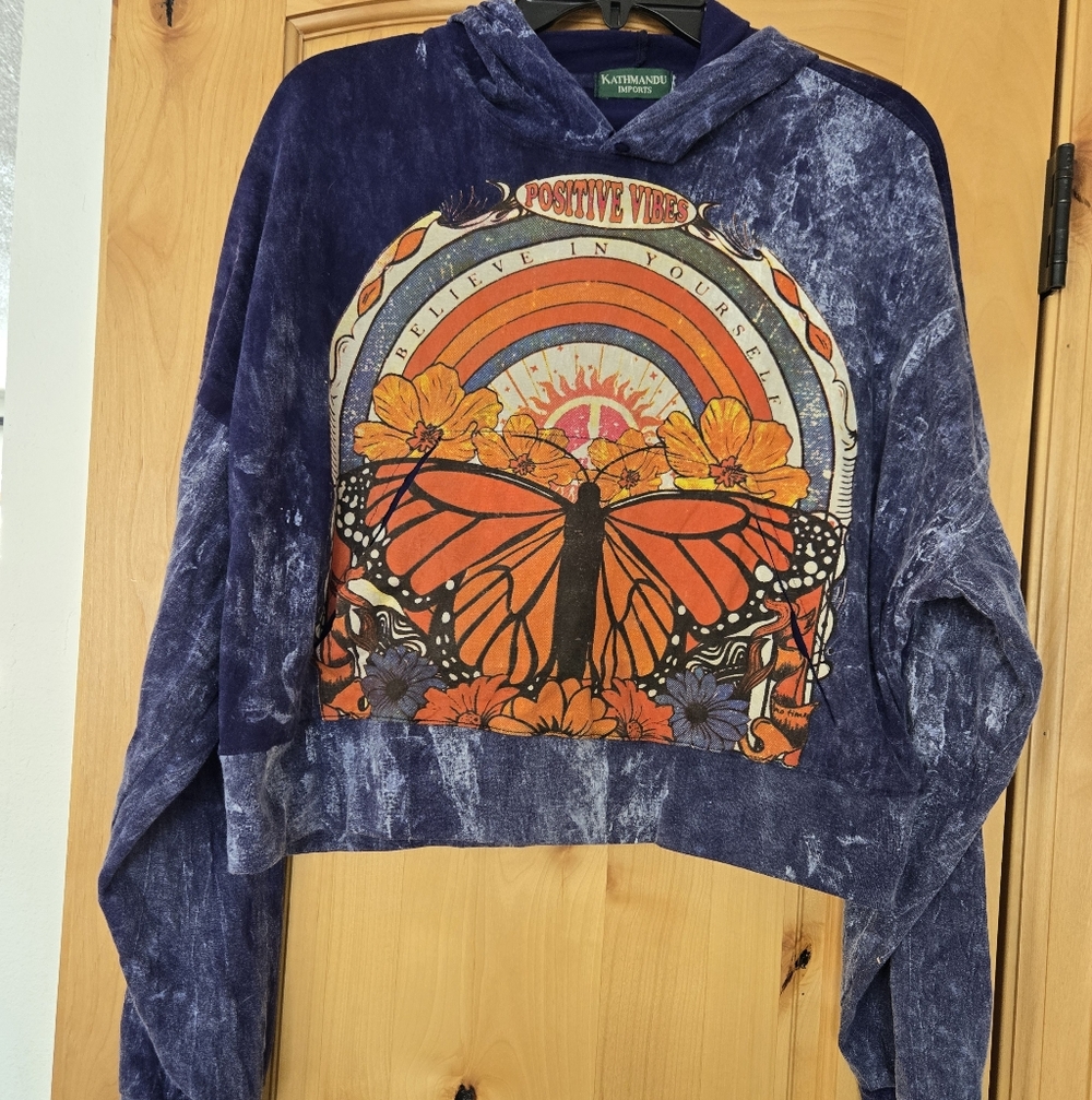 NWOT Kathmandu Imports Cropped Hoodie Butterfly Positive Vibes Blue Orange Top L